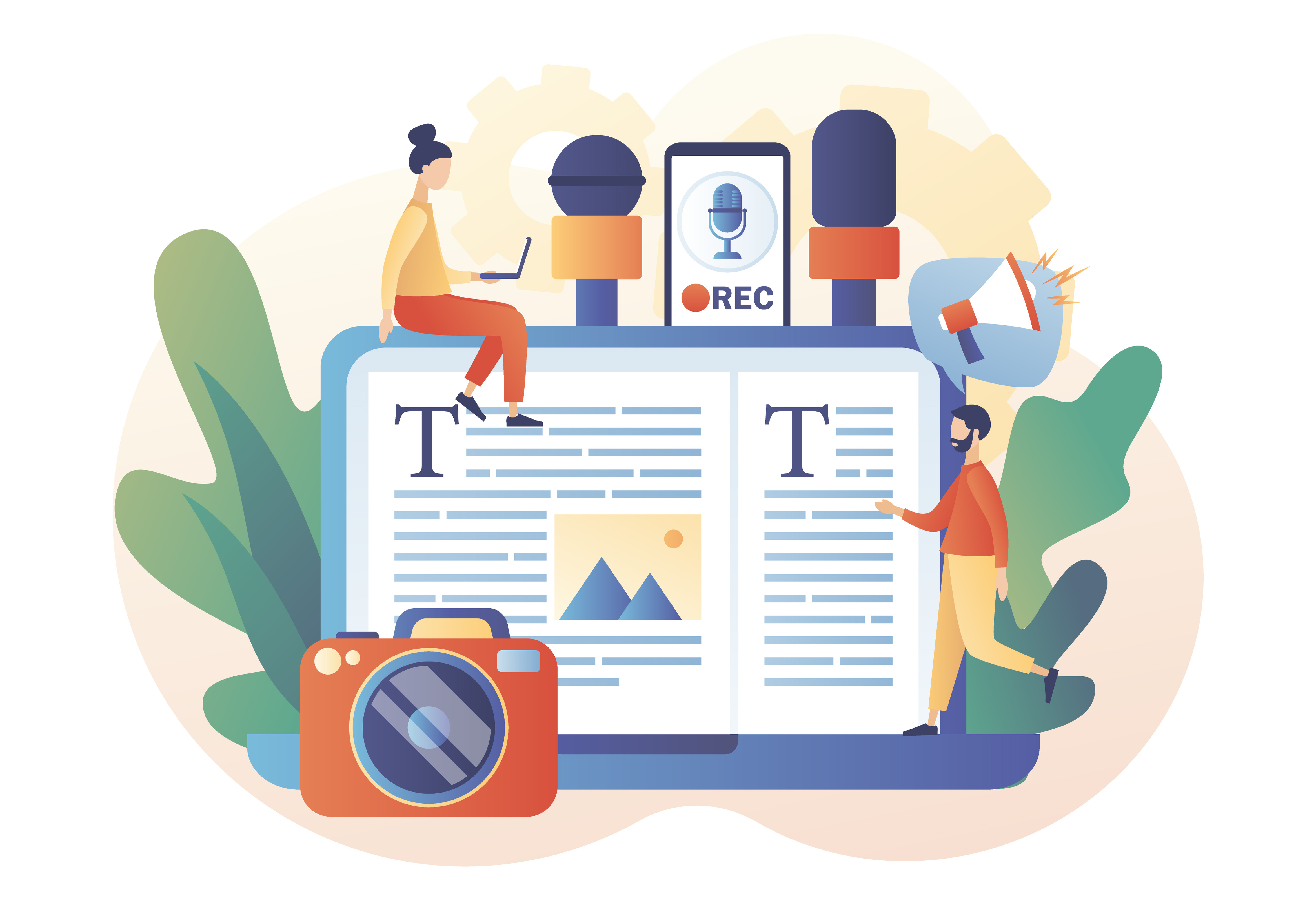 Tiny people journalists with microphones write articles in newspaper or magazine on laptop. Journalist concept. Mass media news. TV, internet and radio journalism. Modern flat cartoon style. Vector 