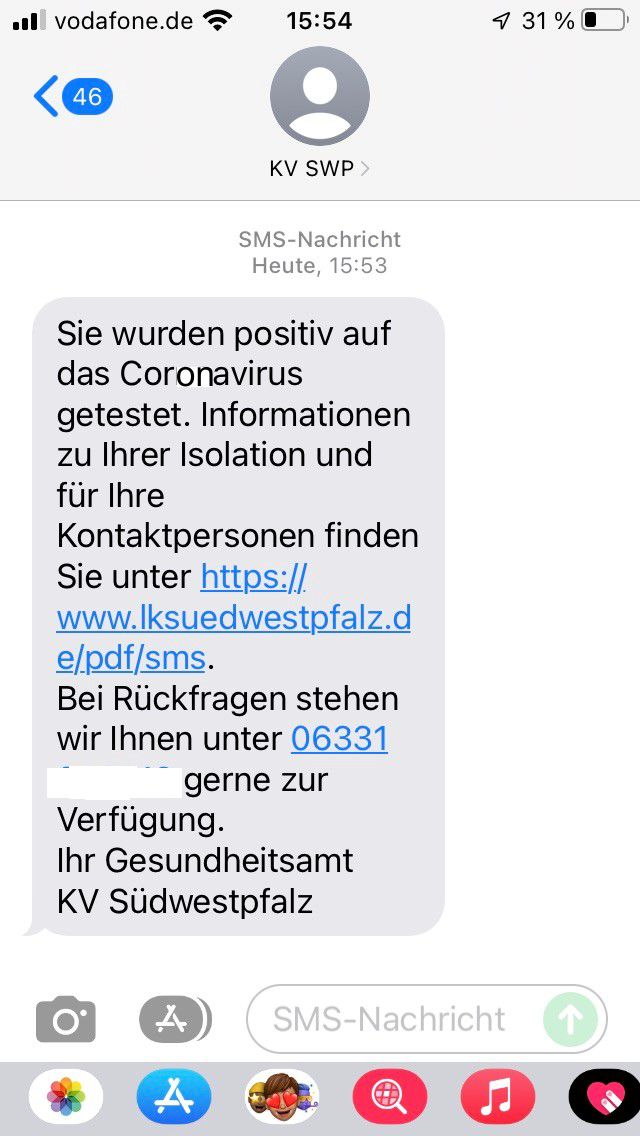 Die SMS-Info für Corona-Infizierte