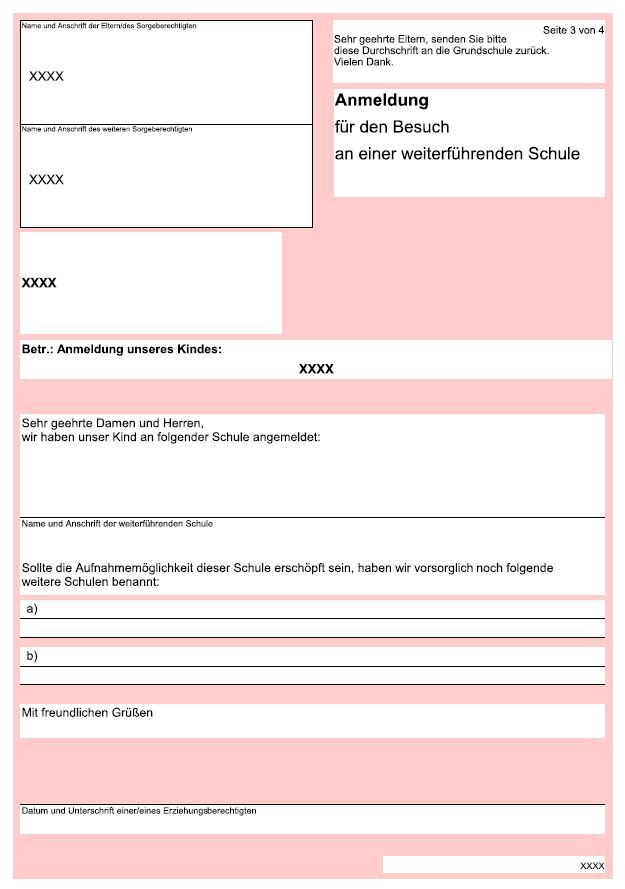 Die dritte Seite der Schullaufbahn-Empfehlung in rosa